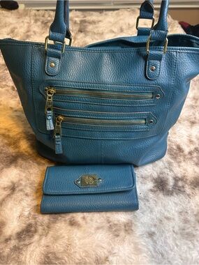 Blue Pebbled Leather Tote with Matching Wallet